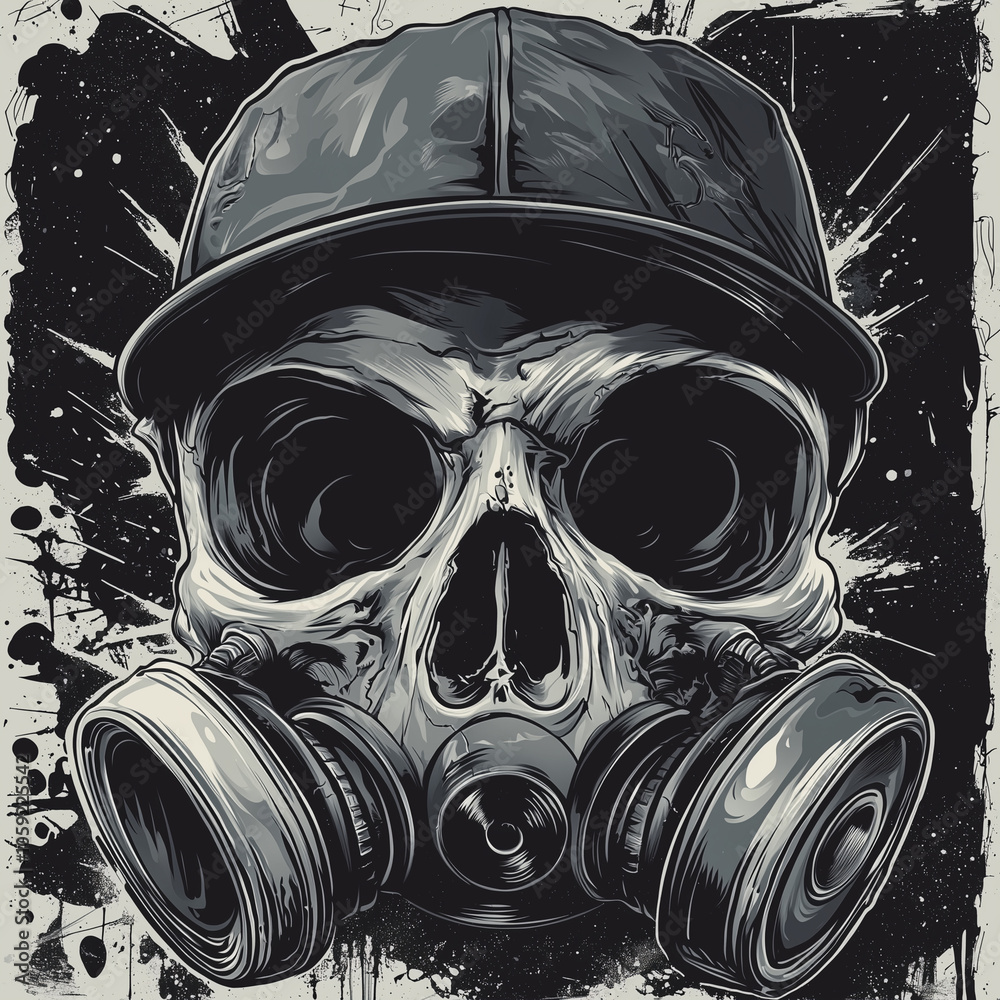Edgy black-and-white illustration of a skull wearing a gas mask and cap, with grunge and splatter effects. Edgy black-and-white illustration of a skull wearing a gas mask and cap, with grunge and splatter effects.