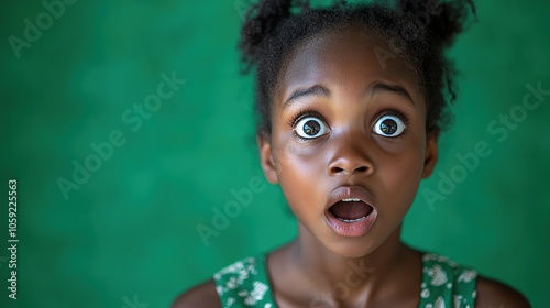 Realistic portrait of an African girl, aged 12, displaying shock with wide eyes, isolated on a clean green background, capturing her astonishment and surprise. High resolution Illustration, in the