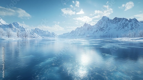 Snowy Mountains and Glaciers: A Winter Wonderland with Ice Lakes and Vehicles for Advertising Backgrounds