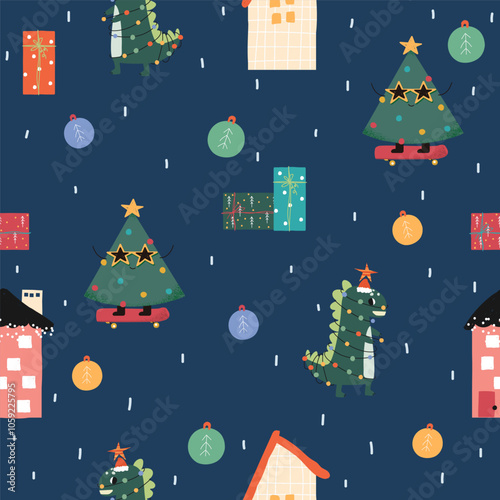 Funny Christmas seamless pattern. Winter holiday print. Vector hand drawn illustration.
