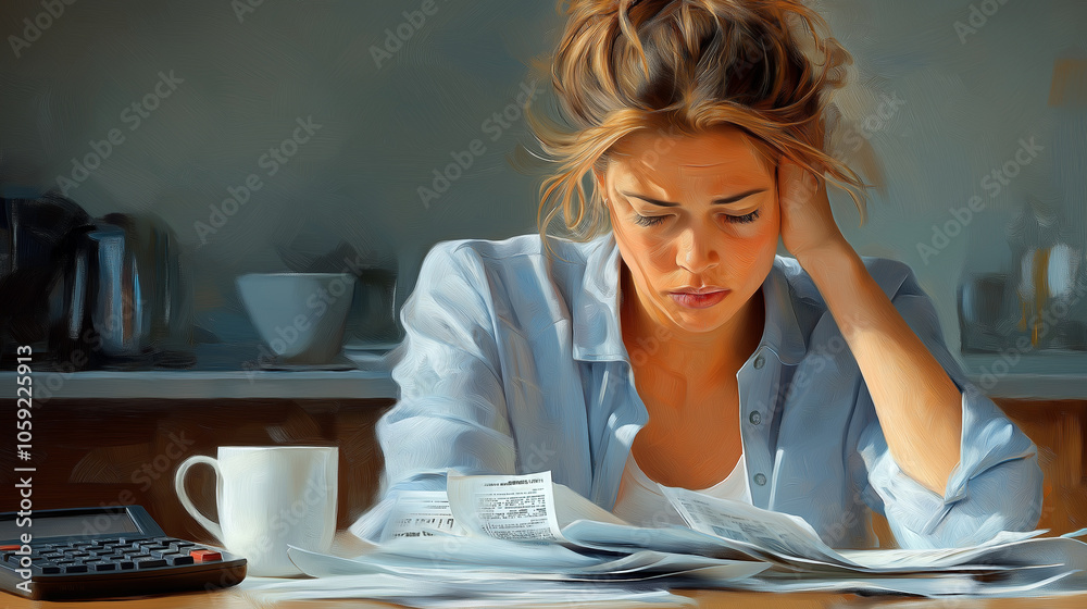 Φωτογραφία A detailed image of a woman sitting at a kitchen table, staring at a pile of bills with a worried expression