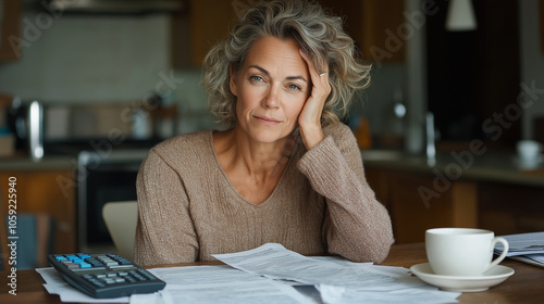 A detailed image of a woman sitting at a kitchen table, staring at a pile of bills with a worried expression. Her hand rests on her forehead as she tries to manage her consumer deb