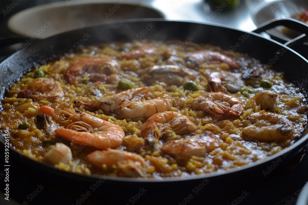 Classic Spanish seafood and chicken paella cooked in a wok Classic Spanish seafood and chicken paella cooked in a wok