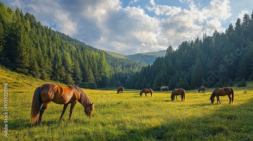 Wild Horses Grazing in a Meadow Surrounded by Forested Hills photo