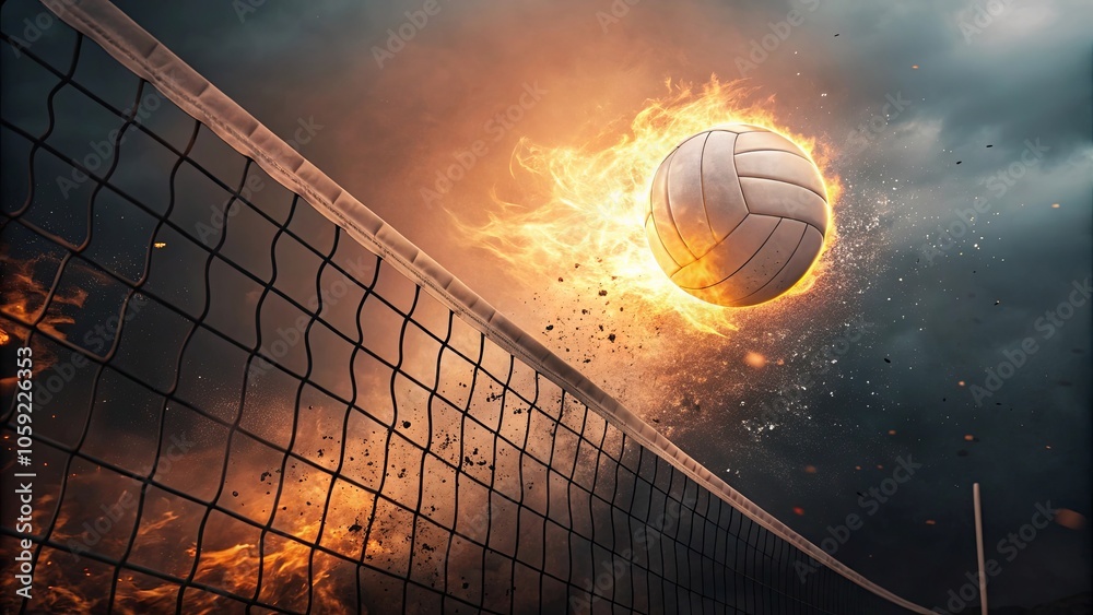 Glowing Volleyball Flying Over the Net in Flames Glowing Volleyball Flying Over the Net in Flames