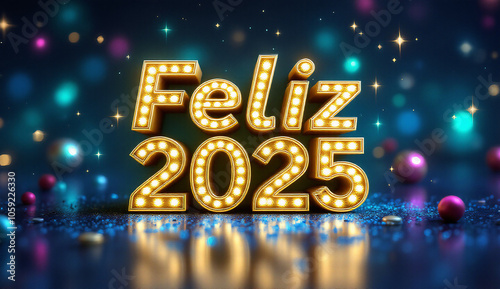 A palavra "FELIZ 2025" brilha em letras douradas com luzes, cercada por bolinhas coloridas e um fundo azul, celebrando a chegada do novo ano com alegria.

