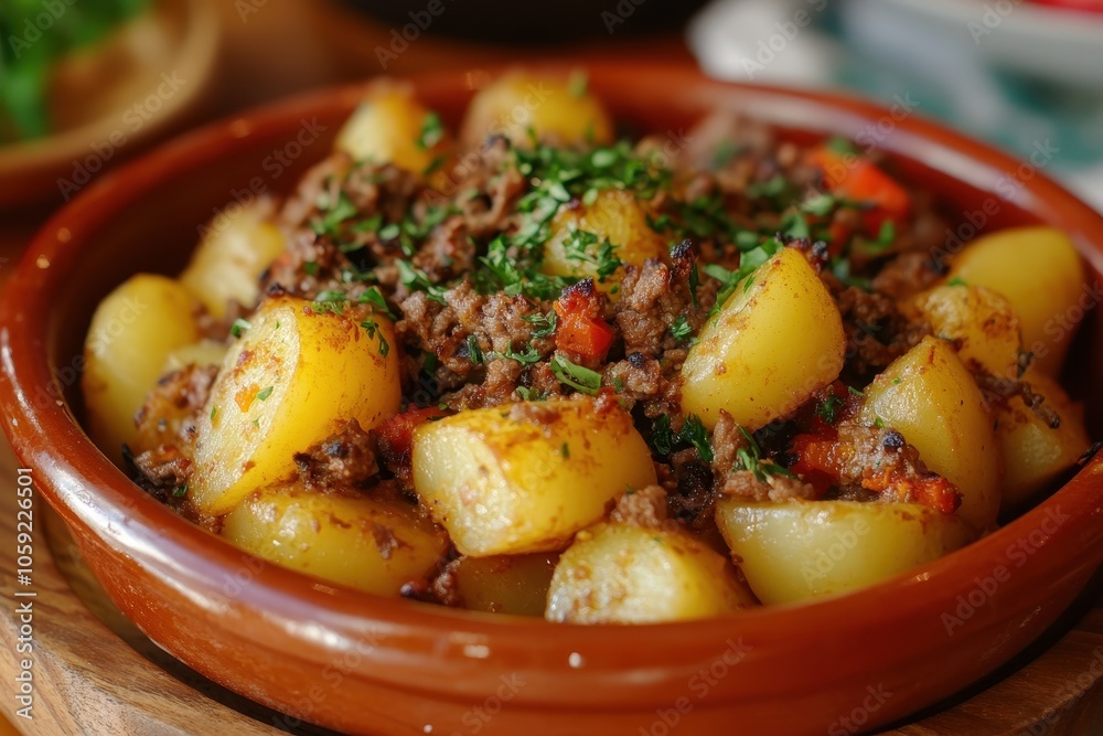 Classic Turkish cuisine stuffed baked potato with ground meat known as Patates karniyarik Classic Turkish cuisine stuffed baked potato with ground meat known as Patates karniyarik