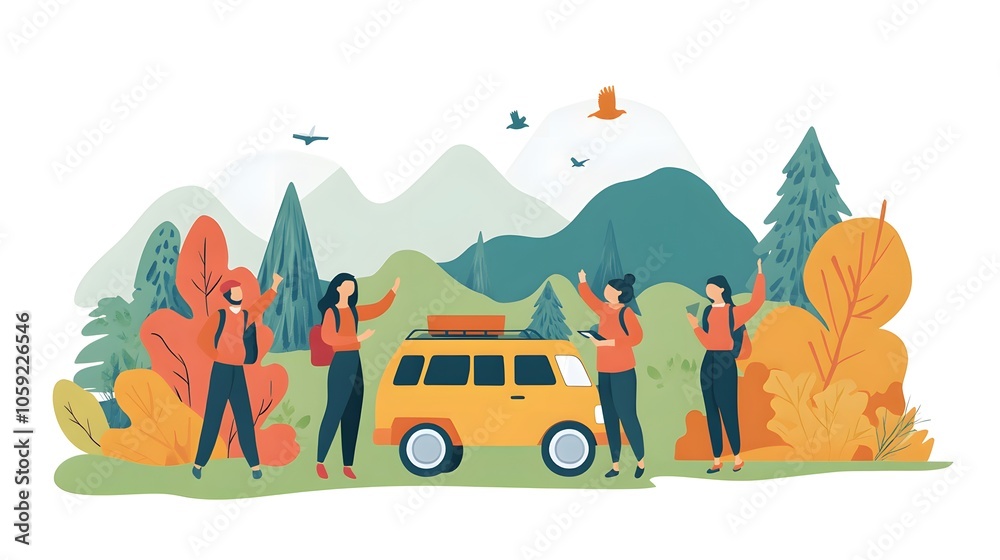 Obraz premium Group of friends on a road trip using a virtual assistant to find the best local diners, enjoying the journey