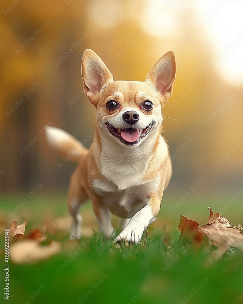 A joyful Chihuahua runs through a grassy field, its tongue out and tail wagging, surrounded by autumn leaves and warm sunlight that highlights its vibrant expression.