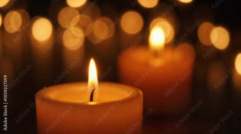 Lit candles with blurred bokeh lights in a warm tone Lit candles with blurred bokeh lights in a warm tone