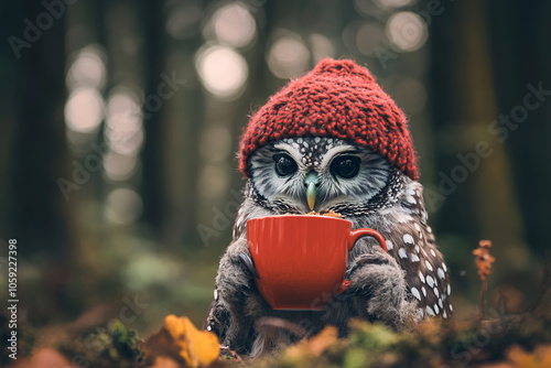 Cute owl wearing knit hat holding a coffee cup in an autumn forest