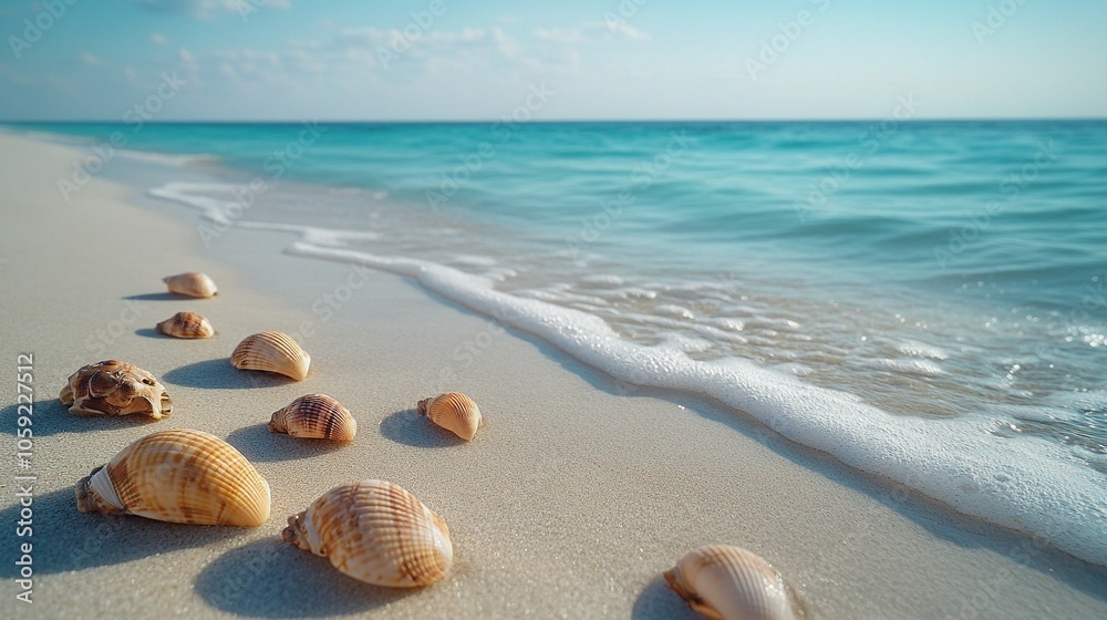 Relaxing Beach with White Sand, Turquoise Water, and Seashells Relaxing Beach with White Sand, Turquoise Water, and Seashells