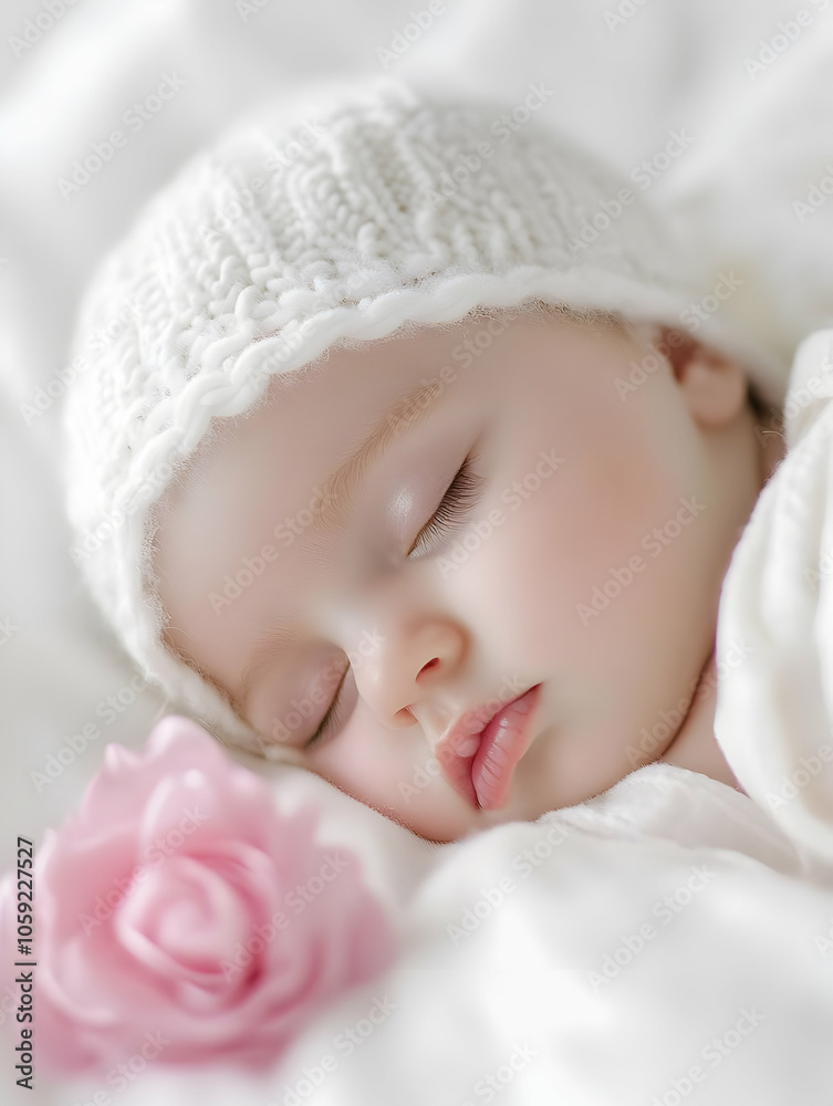 A peaceful sleeping baby in a cozy setting with a delicate flower. A peaceful sleeping baby in a cozy setting with a delicate flower.