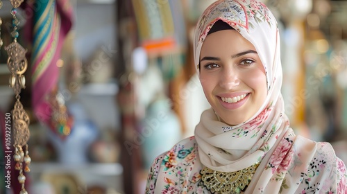 Young woman in a floral hijab smiles warmly at the camera.