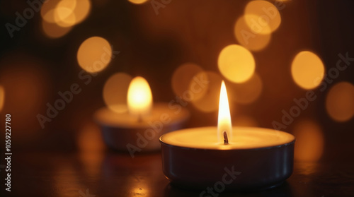 Group of candles with soft, blurred bokeh lights