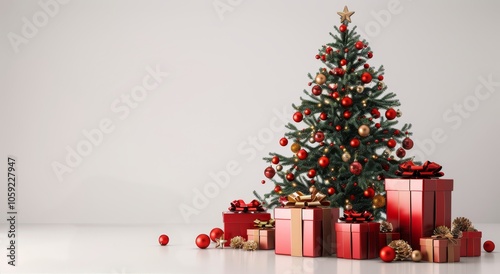 Decorated Christmas Tree With Gifts in Front of a White Wall