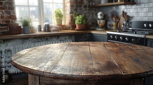 Rustic wooden table in a kitchen with a blurred background.