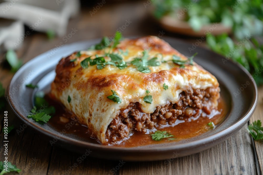 Close up of a wet burrito made with flour tortillas ground beef refried beans and chiles on a wooden table Close up of a wet burrito made with flour tortillas ground beef refried beans and chiles on a wooden table