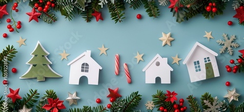 Christmas Decorations With Paper Houses and Evergreen Branches
