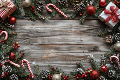 Festive Christmas Decorations Bordering Rustic Wooden Background