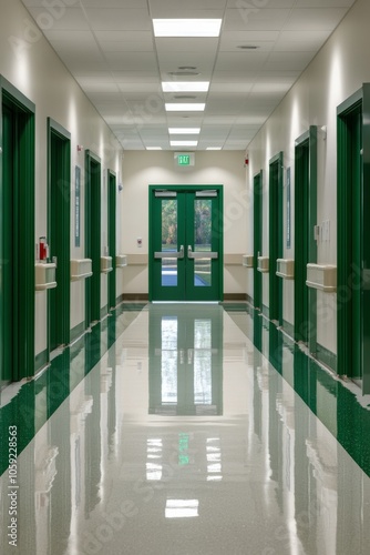 Long, brightly lit corridor with green doors in a modern facility