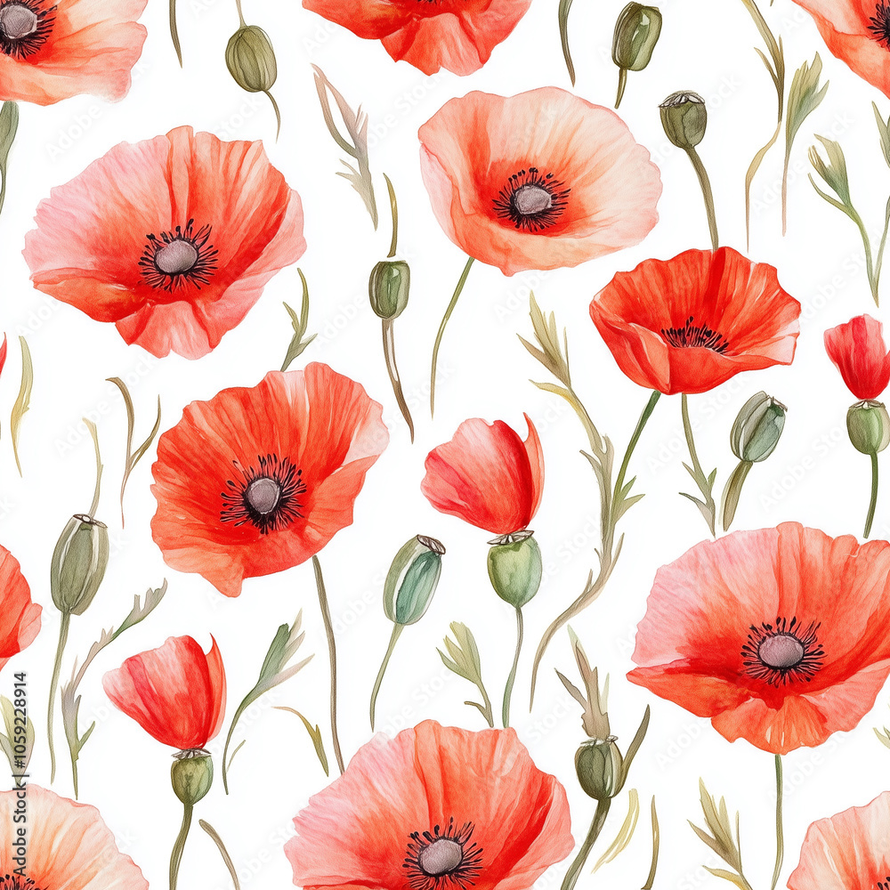 Fototapeta premium Floral watercolor seamless pattern print hand painting with poppies abstract flowers, leaves and plants, design texture. Tile Seamless watercolor floral poppy pattern for textiles, stationery