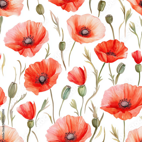 Floral watercolor seamless pattern print hand painting with poppies abstract flowers, leaves and plants, design texture. Tile Seamless watercolor floral poppy pattern for textiles, stationery