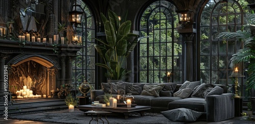 Cozy Dark Living Room With Fireplace and Large Windows in Gothic Mansion photo