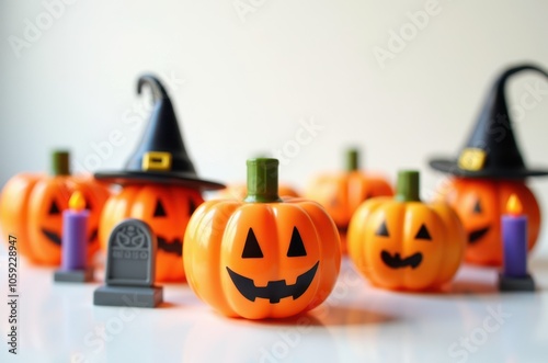 Halloween holiday toy pumpkins, toy caps, toy graves, toy candles, photo