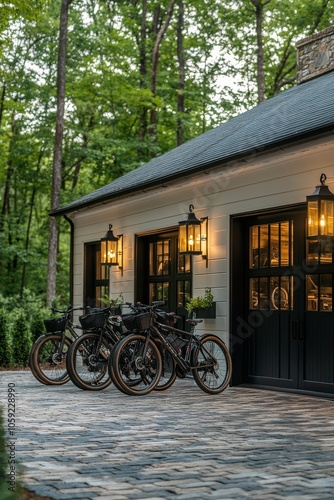 Two bicycles resting in a lush green garage during autumn afternoon light