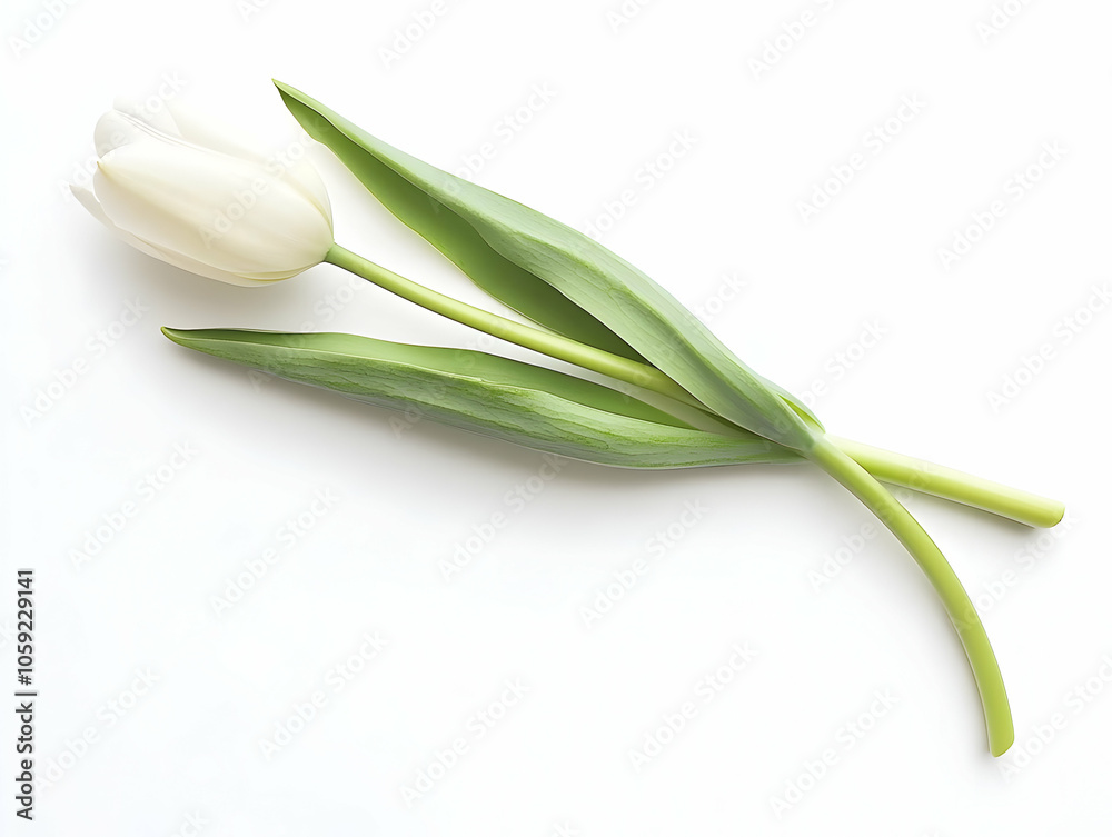 A single white tulip with green leaves on a plain background, symbolizing purity and beauty. A single white tulip with green leaves on a plain background, symbolizing purity and beauty.