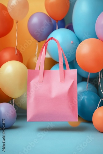 Colorful shopping bag with balloons on a vibrant red background