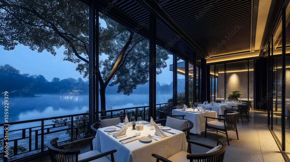 Fototapeta premium Elegant lakeside restaurant at twilight with set tables and a serene water view, creating a tranquil dining atmosphere.