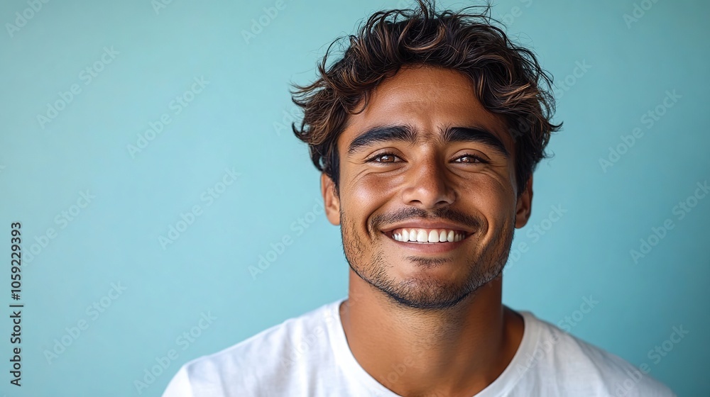 Portrait of a South American man, aged 30, smiling joyfully, isolated on a clean blue background, showcasing his genuine happiness with realistic details. High resolution Illustration, in the style Portrait of a South American man, aged 30, smiling joyfully, isolated on a clean blue background, showcasing his genuine happiness with realistic details. High resolution Illustration, in the style