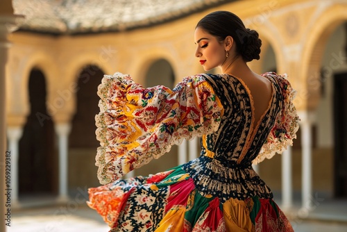 A young Spanish woman in a vibrant flamenco dress, dancing with passion, background of a traditional Andalusian courtyard 1