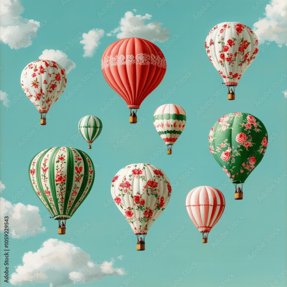 Obraz premium Colorful Hot Air Balloons Floating Against a Blue Sky with White Clouds and Floral Patterns