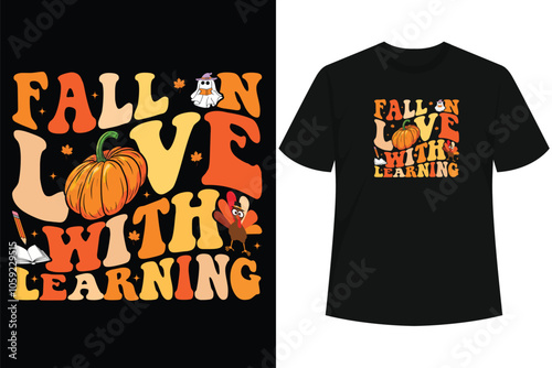 Retro Fall In Love With Learning Autumn Pumpkin Teacher T-Shirt