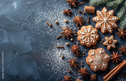 Gingerbread Cookies and Spices on Blue Background