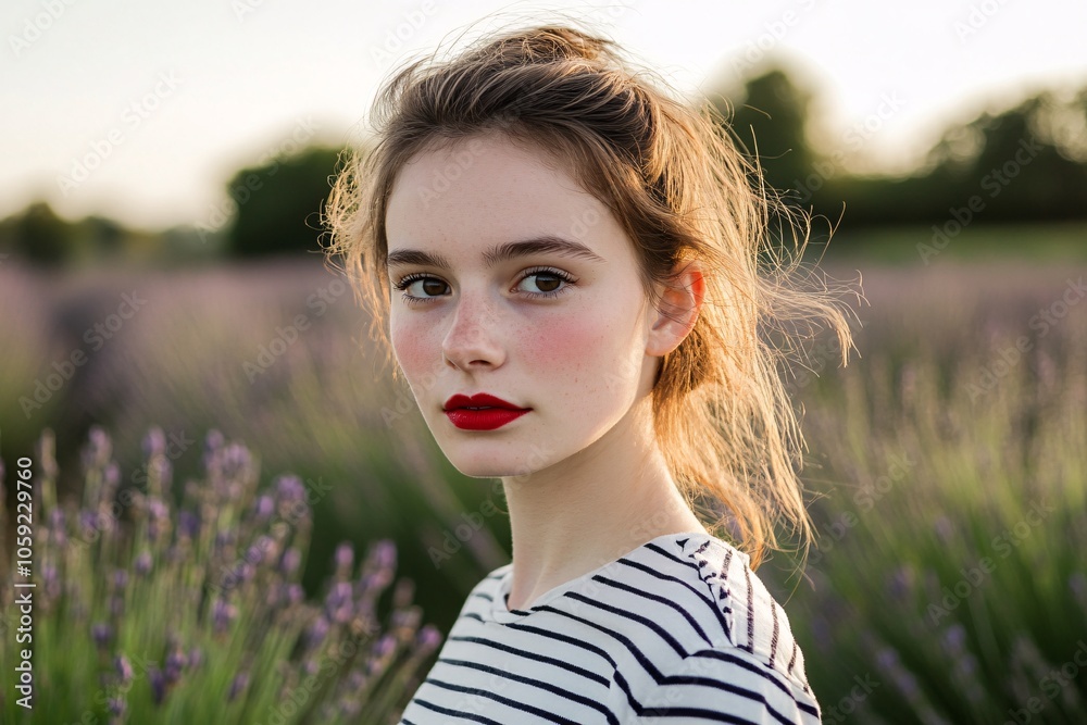 A young French woman with red lipstick, wearing a striped shirt, posing in a lavender field, golden hour 4