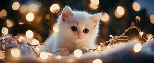 A cute white kitten with blue eyes snuggles by a sparkling Christmas tree