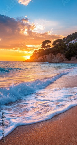 Serene sunset colors reflecting on calm waves at a rocky beach during golden ...