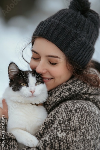 Woman embraces her black and white cat in the snowy landscape during winter