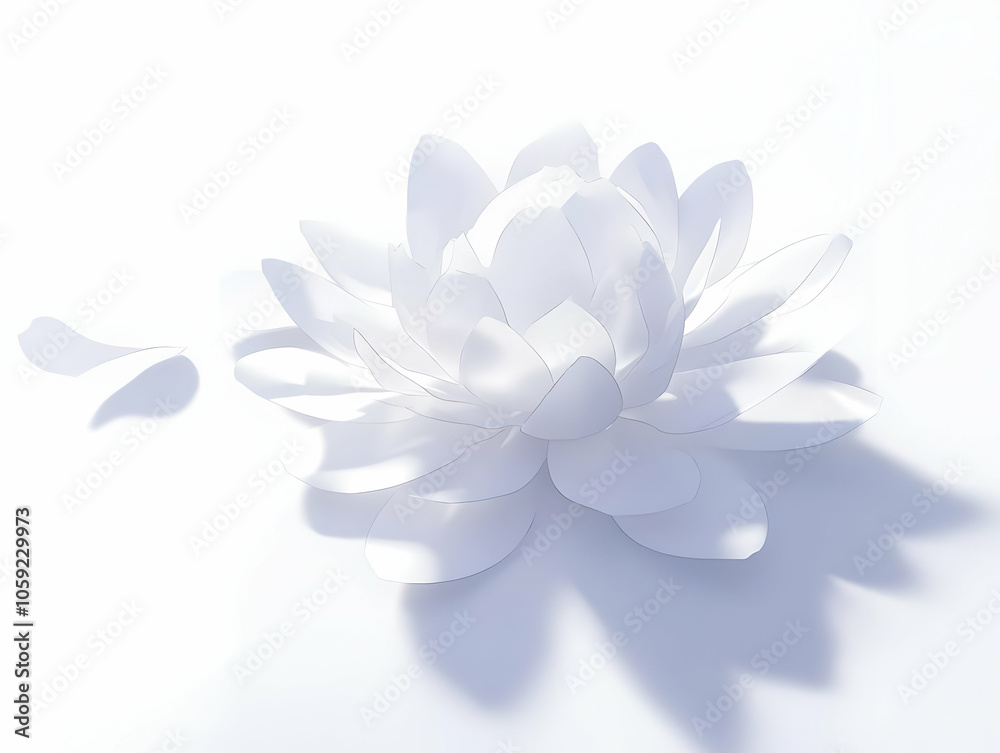 A serene white lotus flower made of paper, casting soft shadows on a light background. A serene white lotus flower made of paper, casting soft shadows on a light background.
