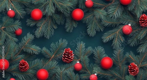 Festive arrangement of red ornaments and evergreen branches on a green backgr...