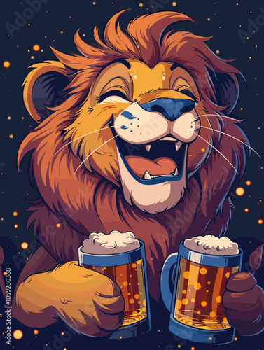 Cartoon lion is holding two beer mugs and smiling. The image has a fun and lighthearted mood, suggesting that the lion is enjoying a good time with friends or family