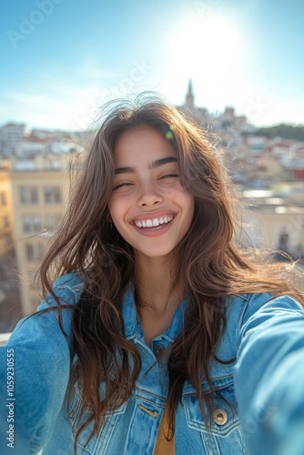Young woman with curly hair using smartphone in colorful urban setting