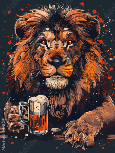 Lion is sitting on a bar with a glass of beer in front of him. The image has a playful and lighthearted mood, as the lion is not a typical drinker and is depicted in a humorous way