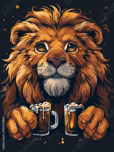 Lion is holding two beer mugs in its paws. The lion is looking at the camera with a serious expression