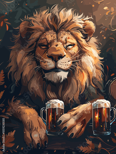 Lion is sitting on a table with two beer mugs in front of it. The lion appears to be relaxed and enjoying its drinks