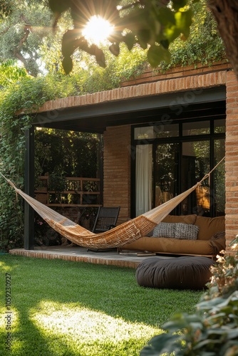 Cozy wooden house with a hammock at dusk surrounded by greenery